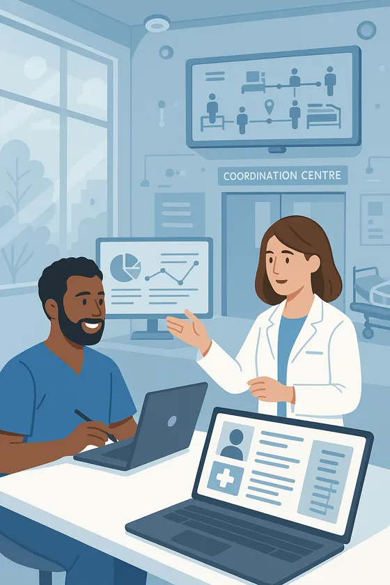 Clinicians reviewing patient flow in a hospital coordination centre